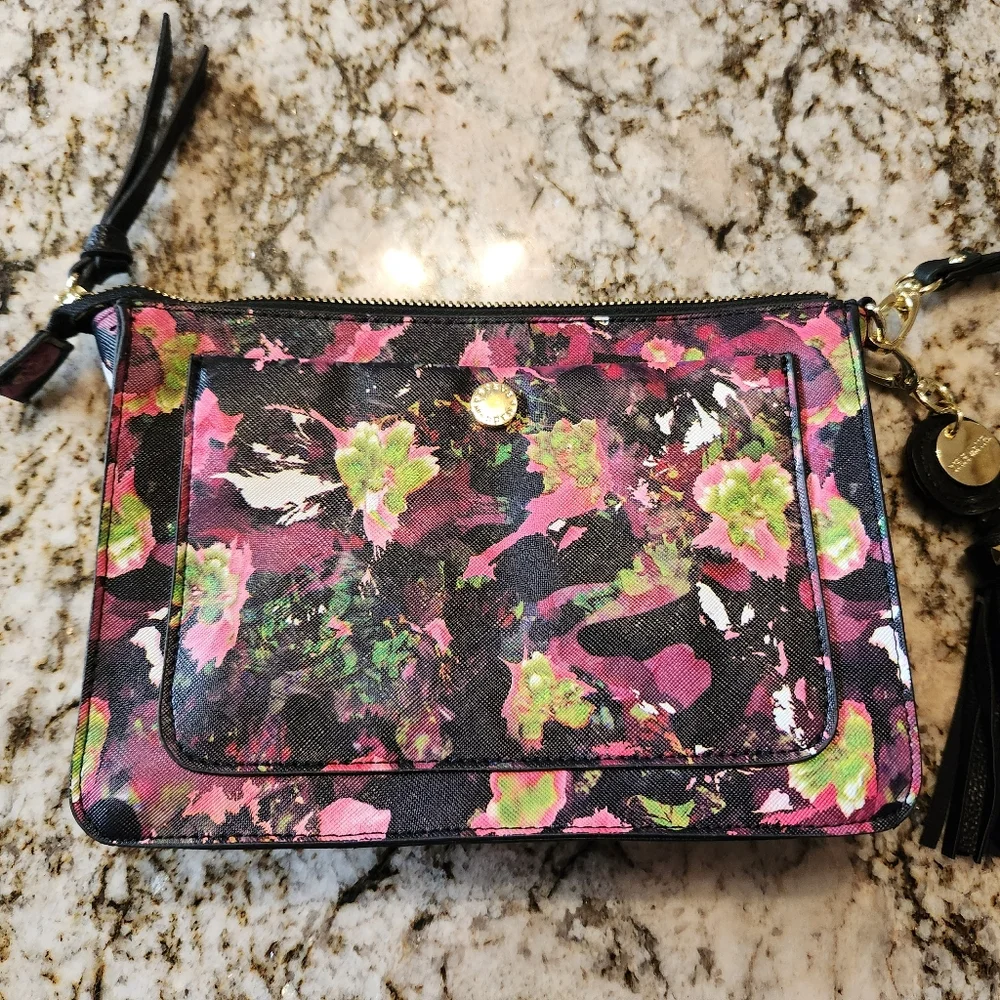 Steve Madden Wristlet, Black Pink Floral Clutch Wallet EUC Tassel Vegan Leather